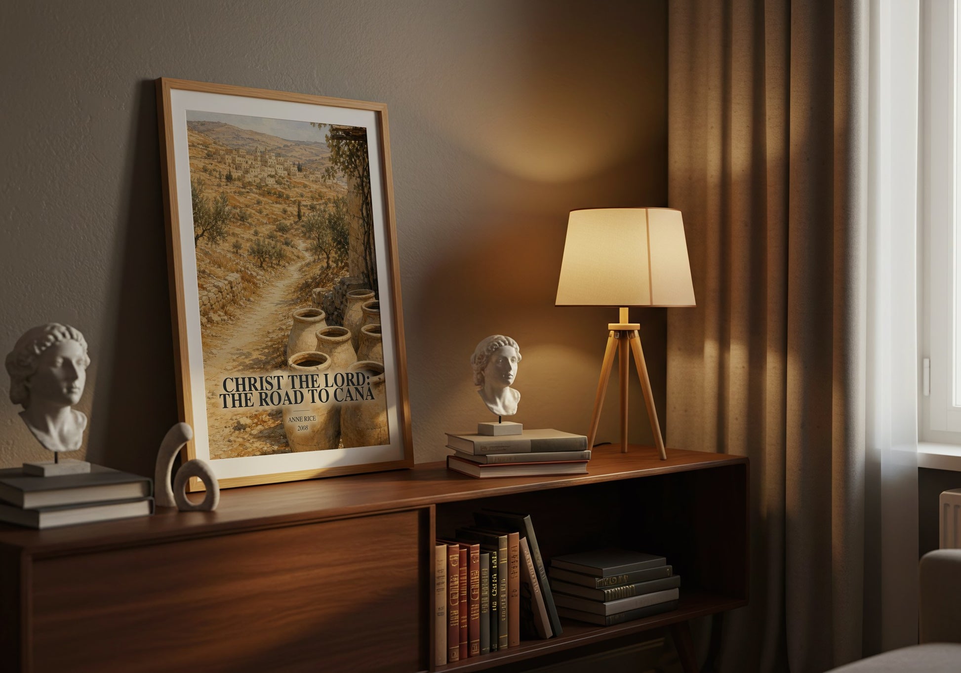 Christ The Lord: The Road To Cana watercolour print on bookshelf – Anne Rice fan gift