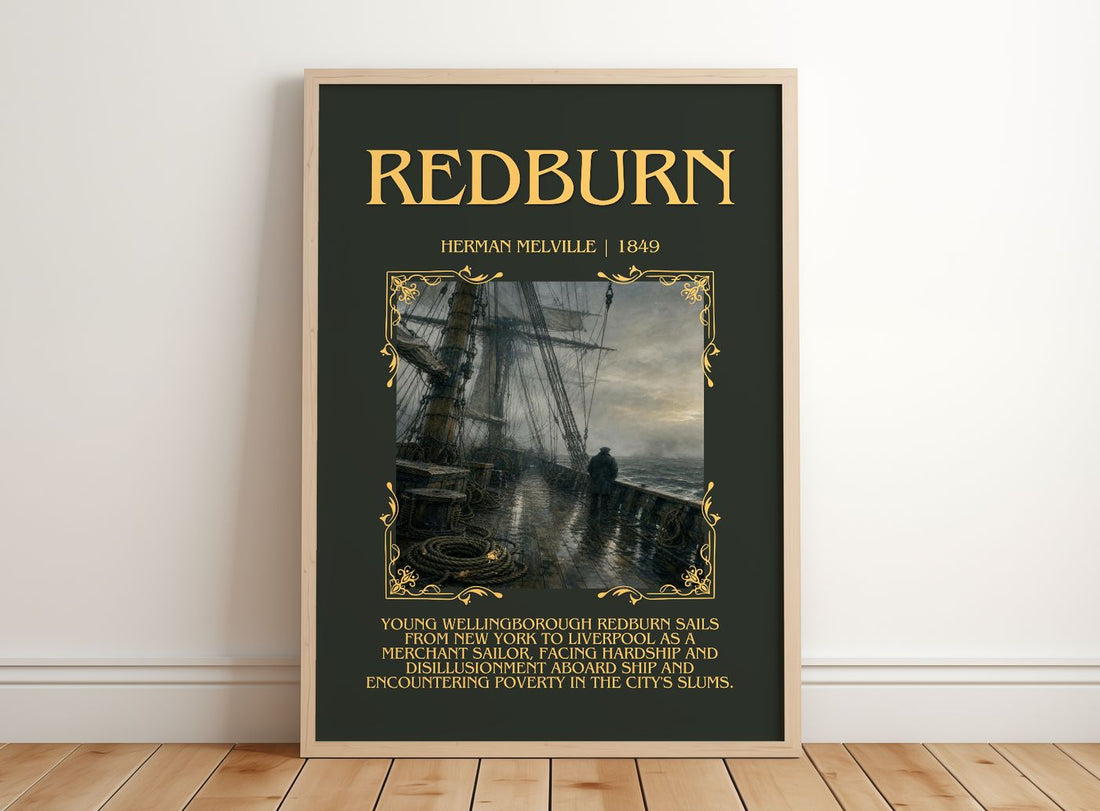 Redburn Minimalist Book Poster by Herman Melville – framed print leaning on a wooden floor