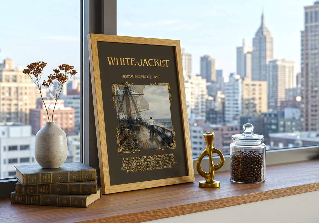 White-Jacket Minimalist Book Poster by Herman Melville – framed print on a city-view windowsill