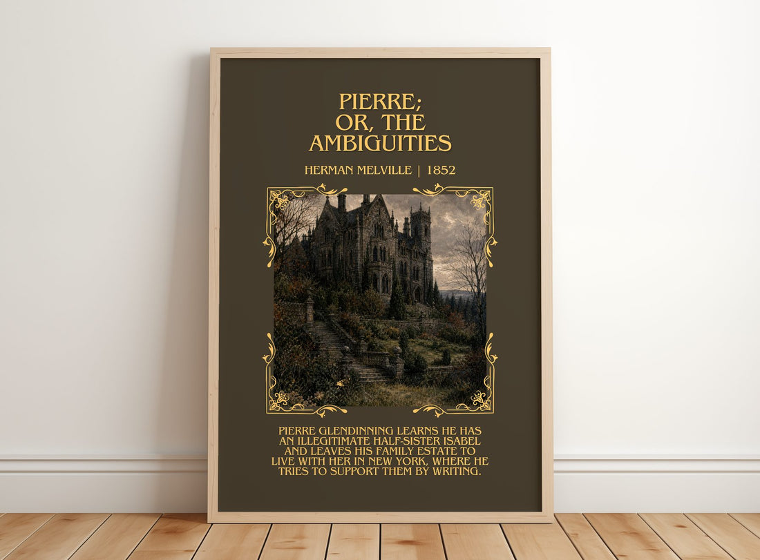 Pierre; Or, The Ambiguities Minimalist Book Poster by Herman Melville – framed print leaning on a wooden floor