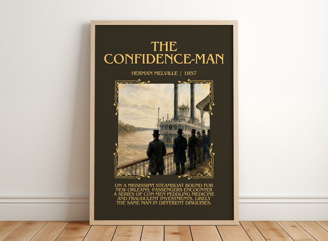 The Confidence-Man Minimalist Book Poster by Herman Melville – framed print leaning on a wooden floor