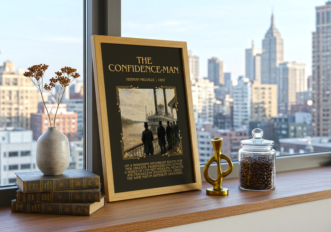 The Confidence-Man Minimalist Book Poster by Herman Melville – framed print on a city-view windowsill
