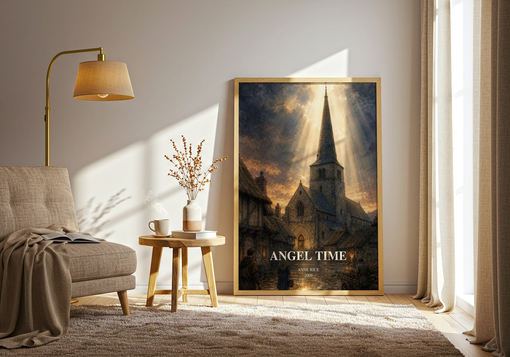 Angel Time watercolour print in frame leaning in hallway – fantasy wall art