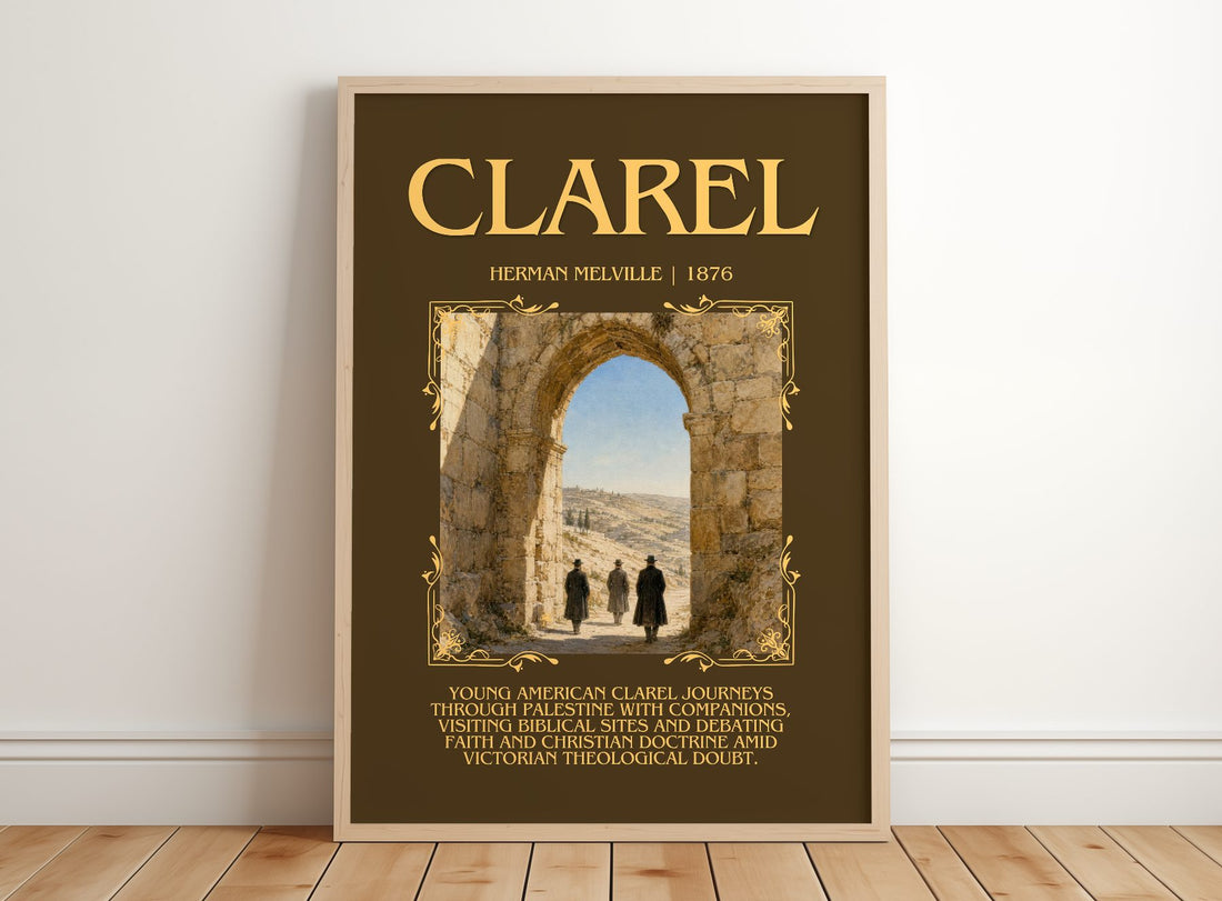 Clarel Minimalist Book Poster by Herman Melville – framed print leaning on a wooden floor