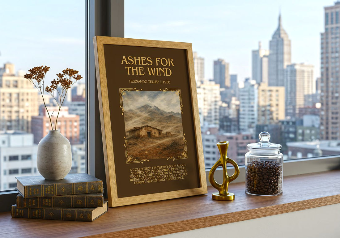 Ashes For The Wind Minimalist Book Poster by Hernando Téllez – framed print on a city-view windowsill