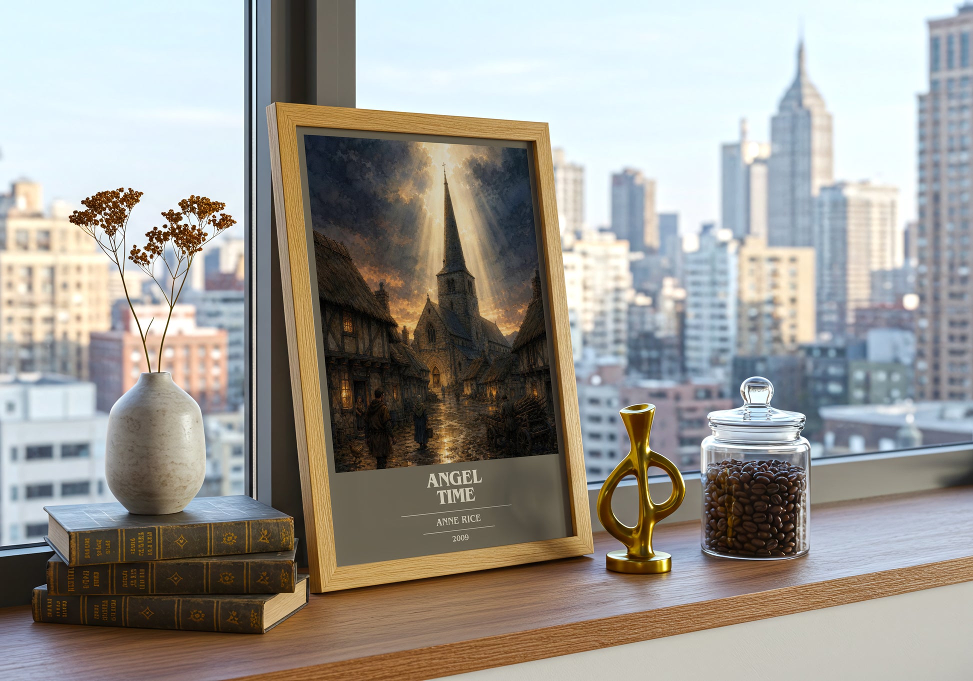 Angel Time book cover print framed by window – literary home decor