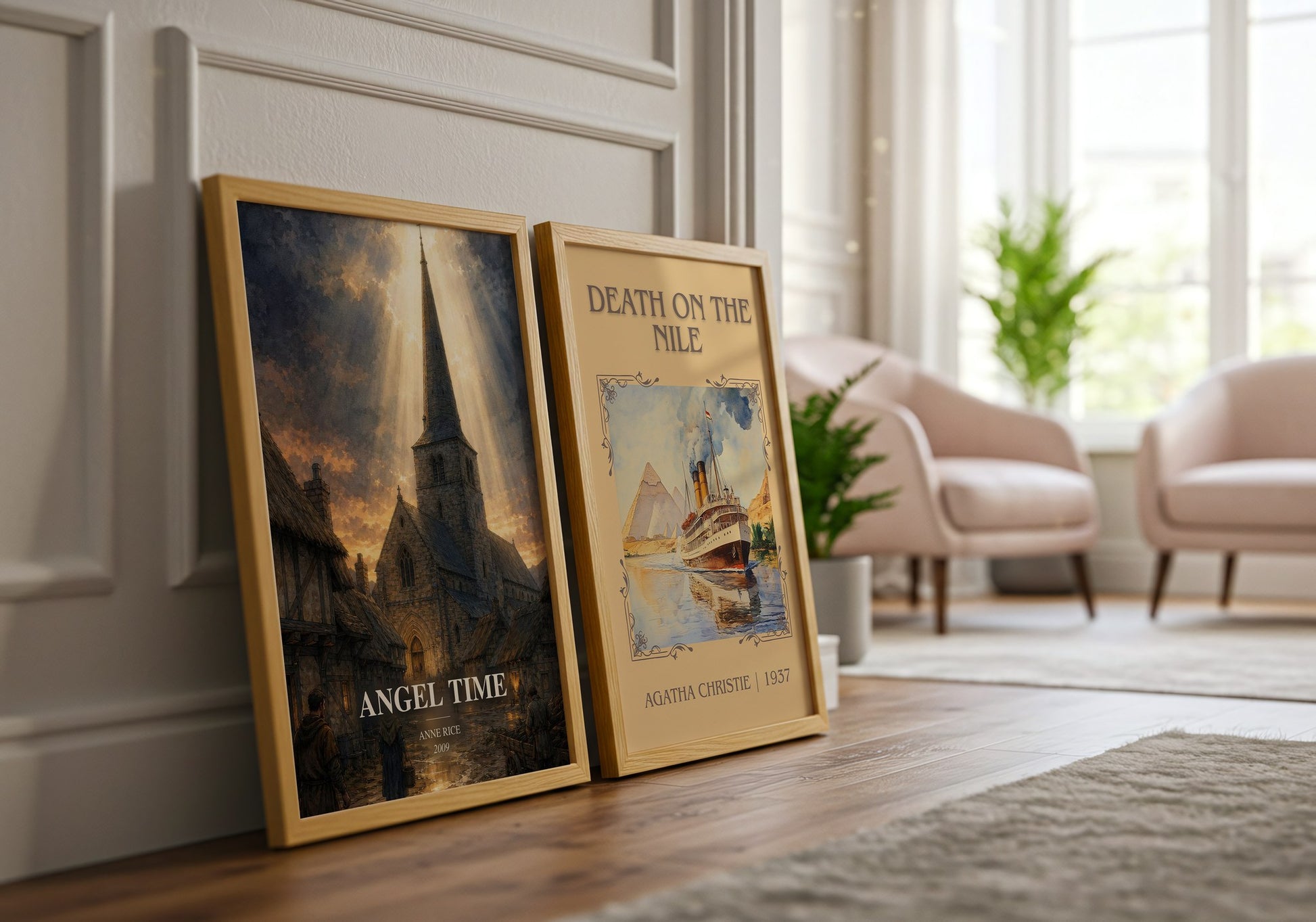 Angel Time watercolour print framed by window – literary home decor