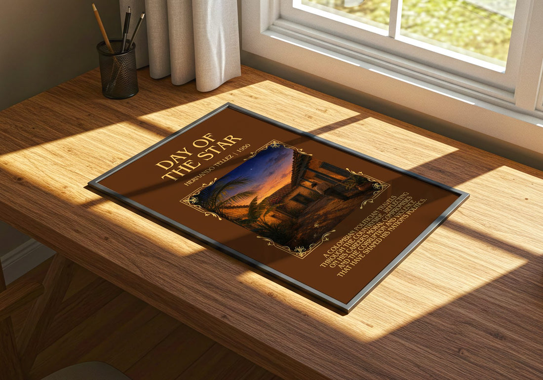 Day Of The Star Minimalist Book Poster by Hernando Téllez – print on a sunlit desk