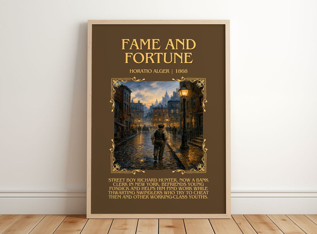 Fame And Fortune Minimalist Book Poster by Horatio Alger – framed print leaning on a wooden floor