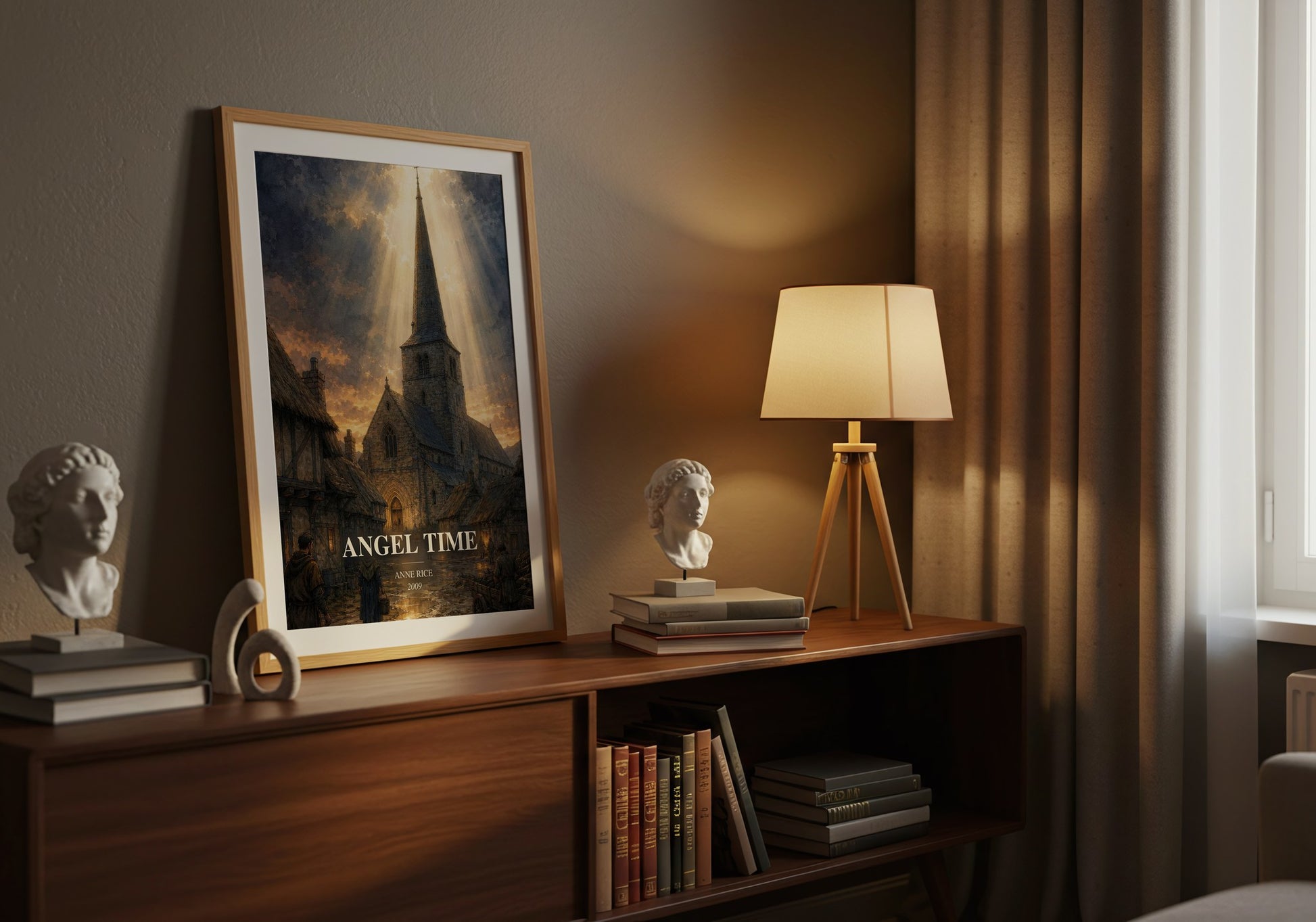 Angel Time watercolour print on bookshelf – Anne Rice fan gift