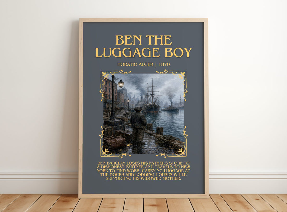 Ben The Luggage Boy Minimalist Book Poster by Horatio Alger – framed print leaning on a wooden floor