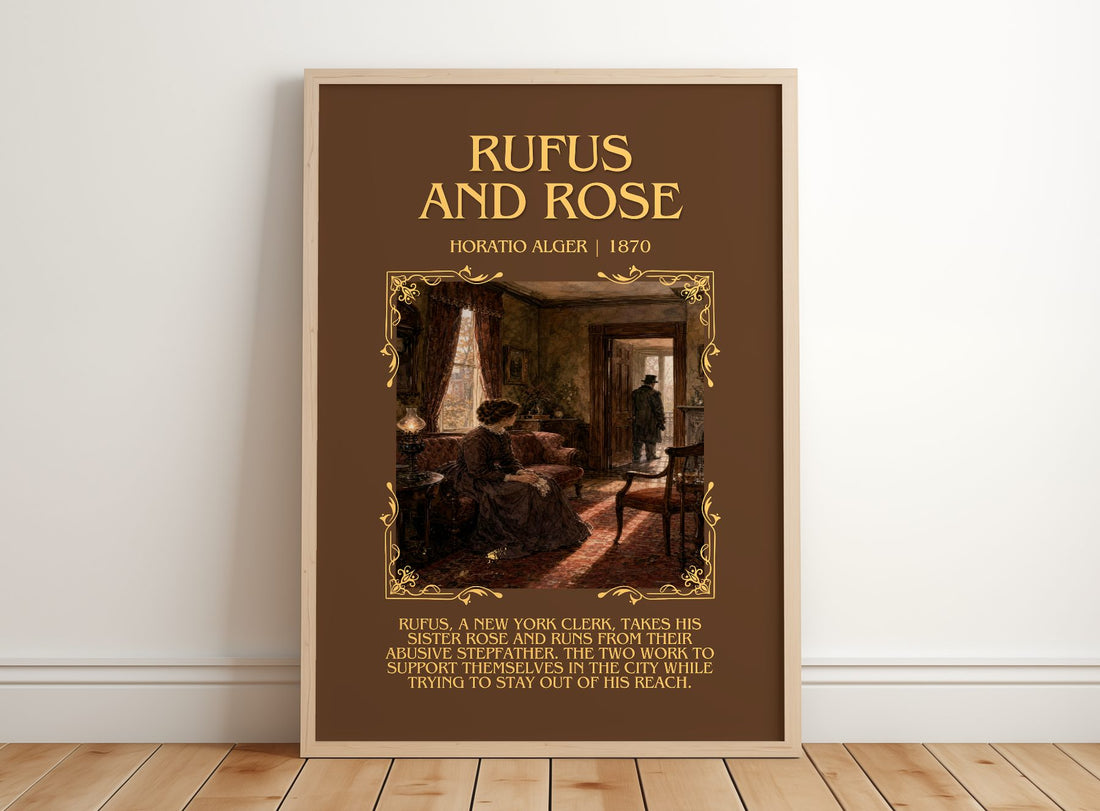 Rufus And Rose Minimalist Book Poster by Horatio Alger – framed print leaning on a wooden floor