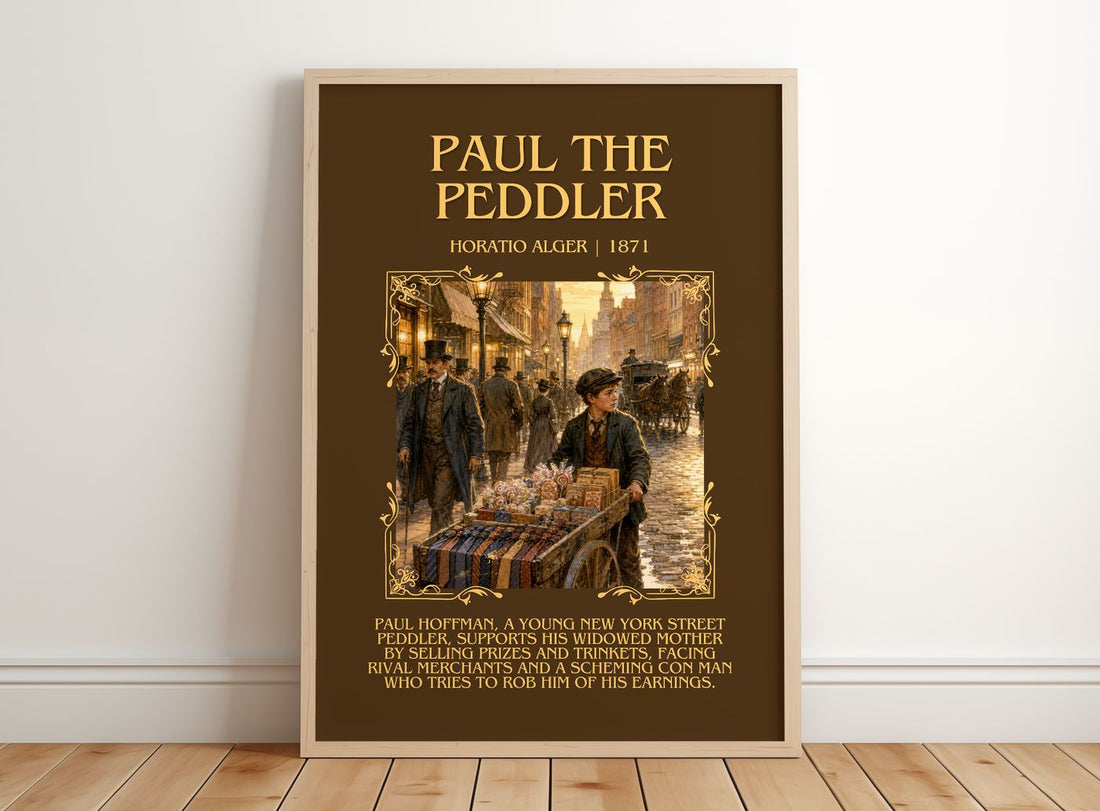 Paul The Peddler Minimalist Book Poster by Horatio Alger – framed print leaning on a wooden floor