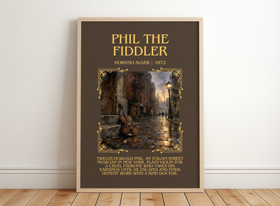 Phil The Fiddler Minimalist Book Poster by Horatio Alger – framed print leaning on a wooden floor