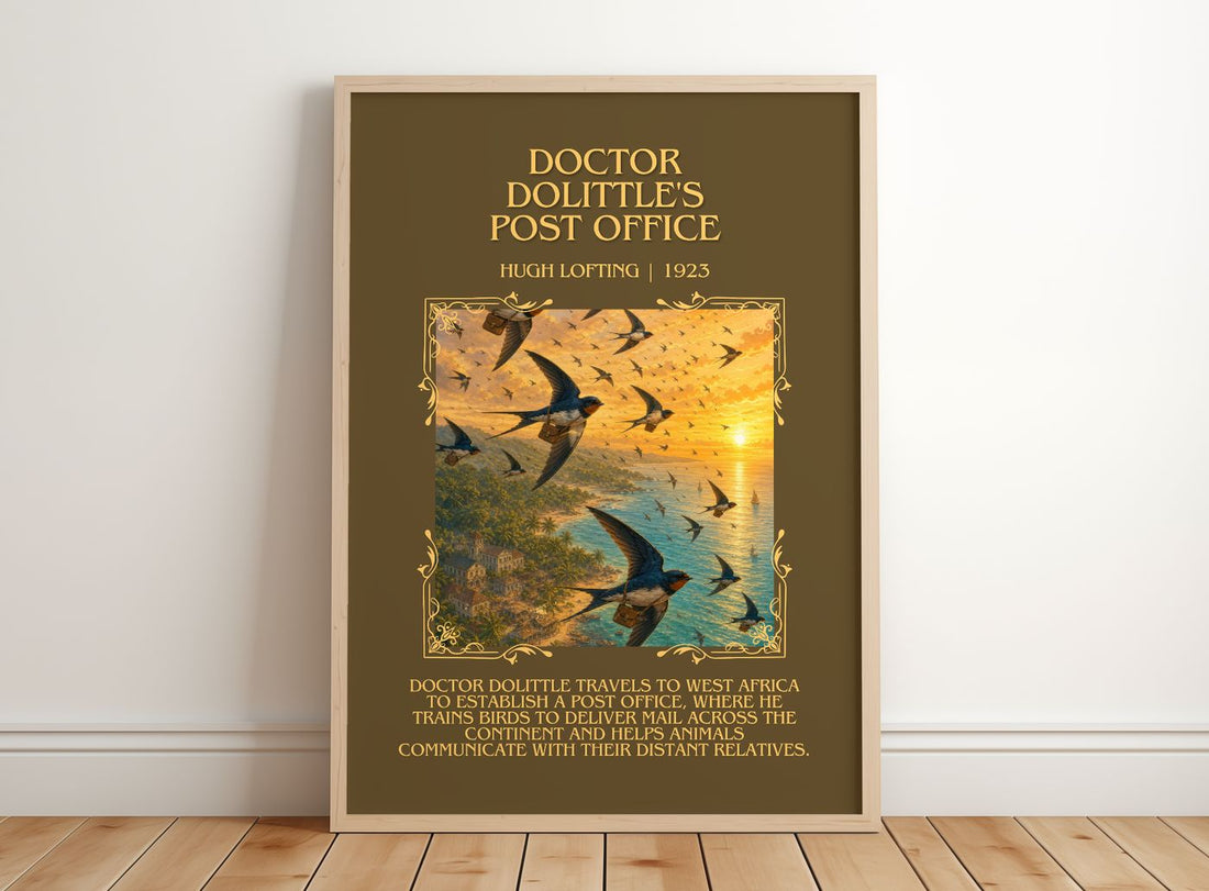 Doctor Dolittle'S Post Office Minimalist Book Poster by Hugh Lofting – framed print leaning on a wooden floor