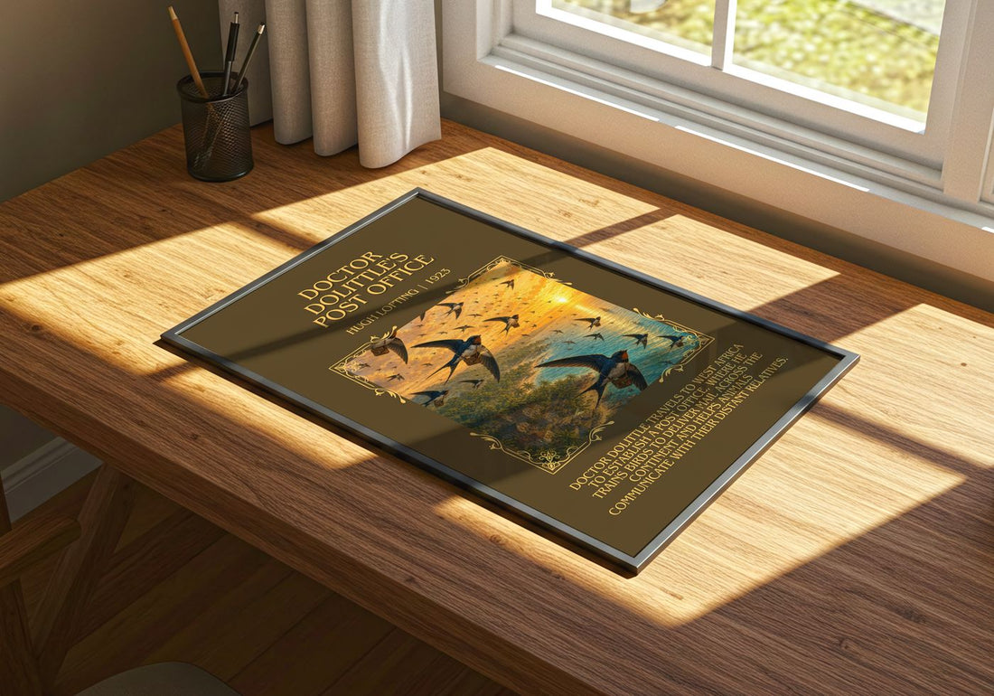 Doctor Dolittle'S Post Office Minimalist Book Poster by Hugh Lofting – print on a sunlit desk