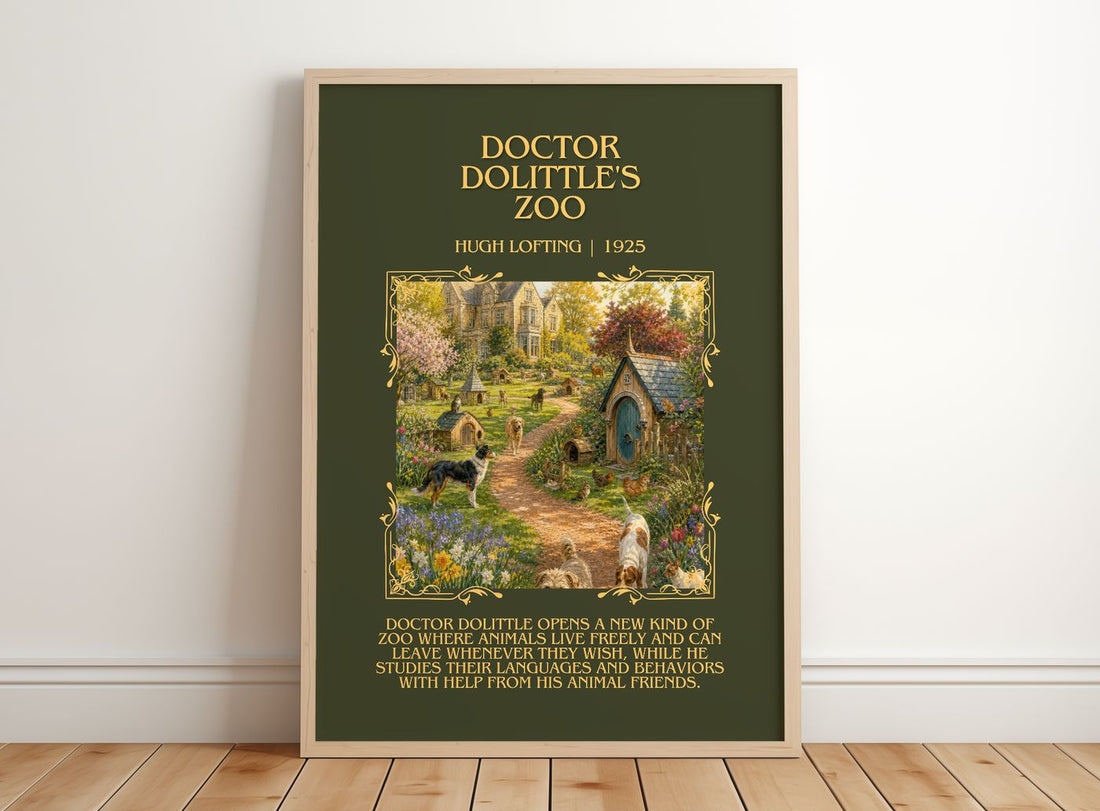 Doctor Dolittle'S Zoo Minimalist Book Poster by Hugh Lofting – framed print leaning on a wooden floor