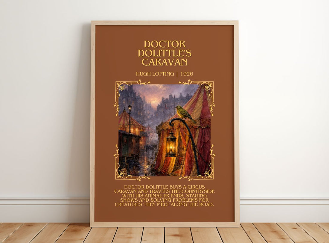 Doctor Dolittle'S Caravan Minimalist Book Poster by Hugh Lofting – framed print leaning on a wooden floor