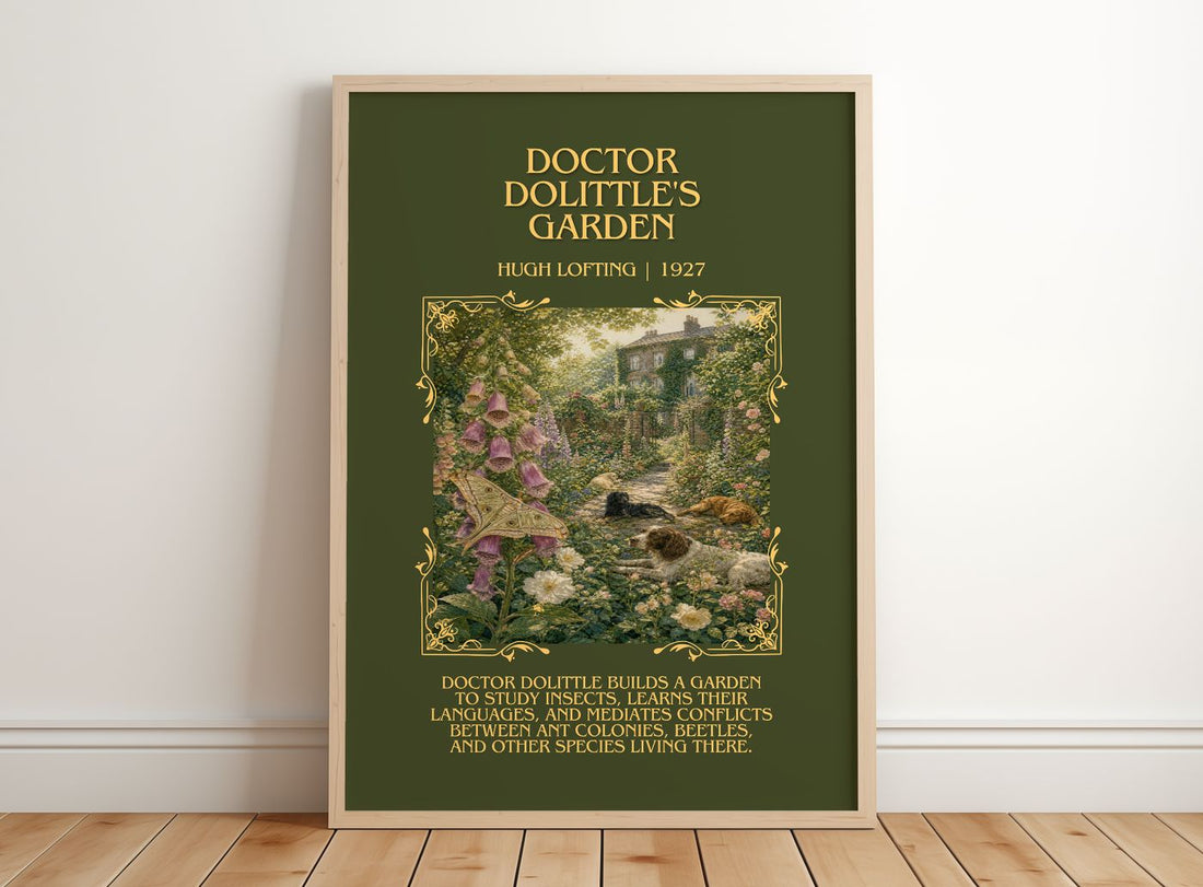 Doctor Dolittle'S Garden Minimalist Book Poster by Hugh Lofting – framed print leaning on a wooden floor