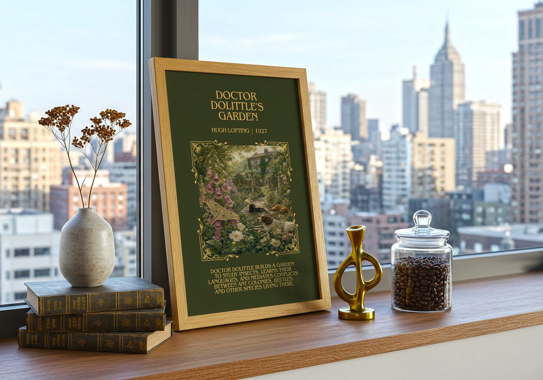 Doctor Dolittle'S Garden Minimalist Book Poster by Hugh Lofting – framed print on a city-view windowsill