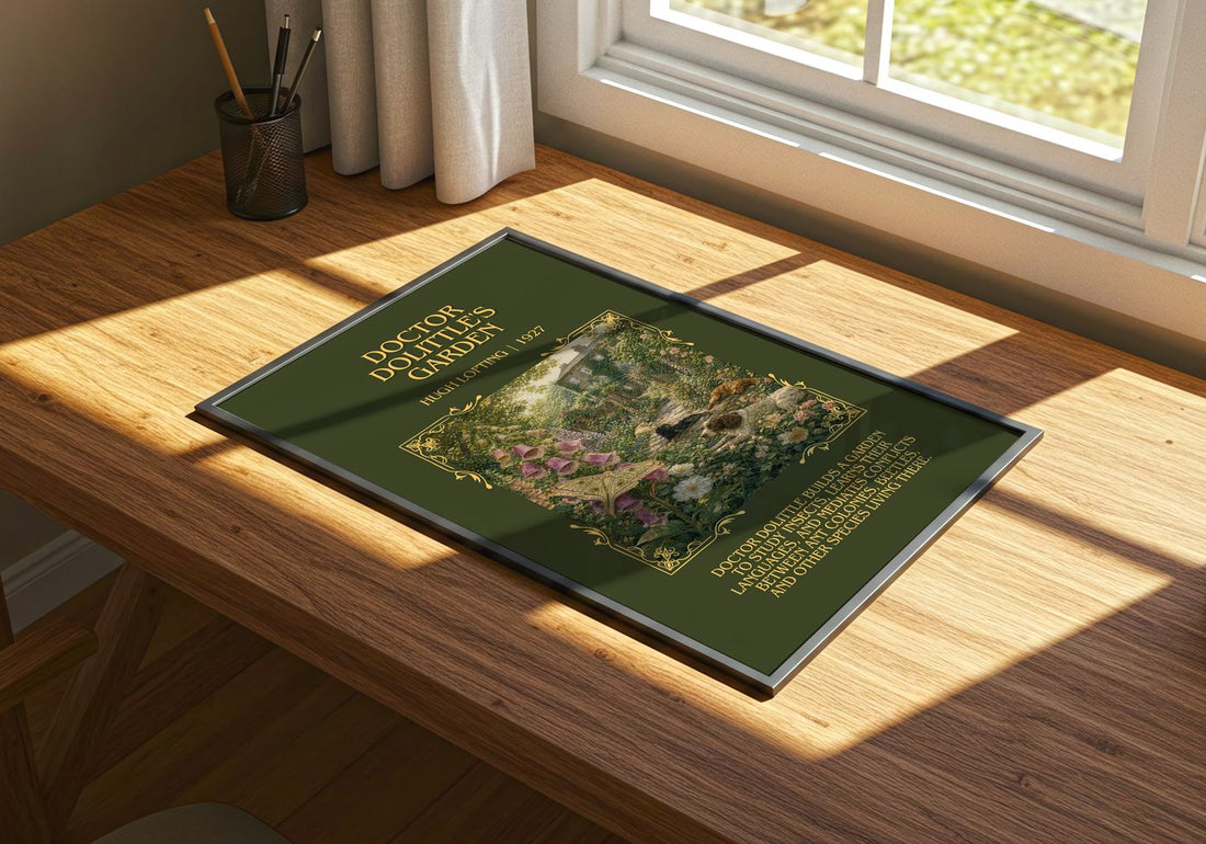 Doctor Dolittle'S Garden Minimalist Book Poster by Hugh Lofting – print on a sunlit desk