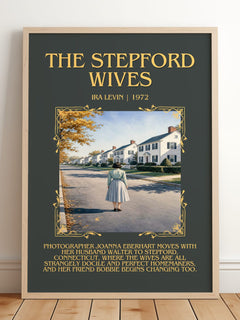 The Stepford Wives Minimalist Book Poster by Ira Levin – framed print leaning on a wooden floor