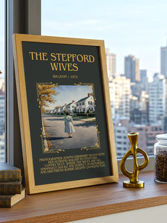 The Stepford Wives Minimalist Book Poster by Ira Levin – framed print on a city-view windowsill
