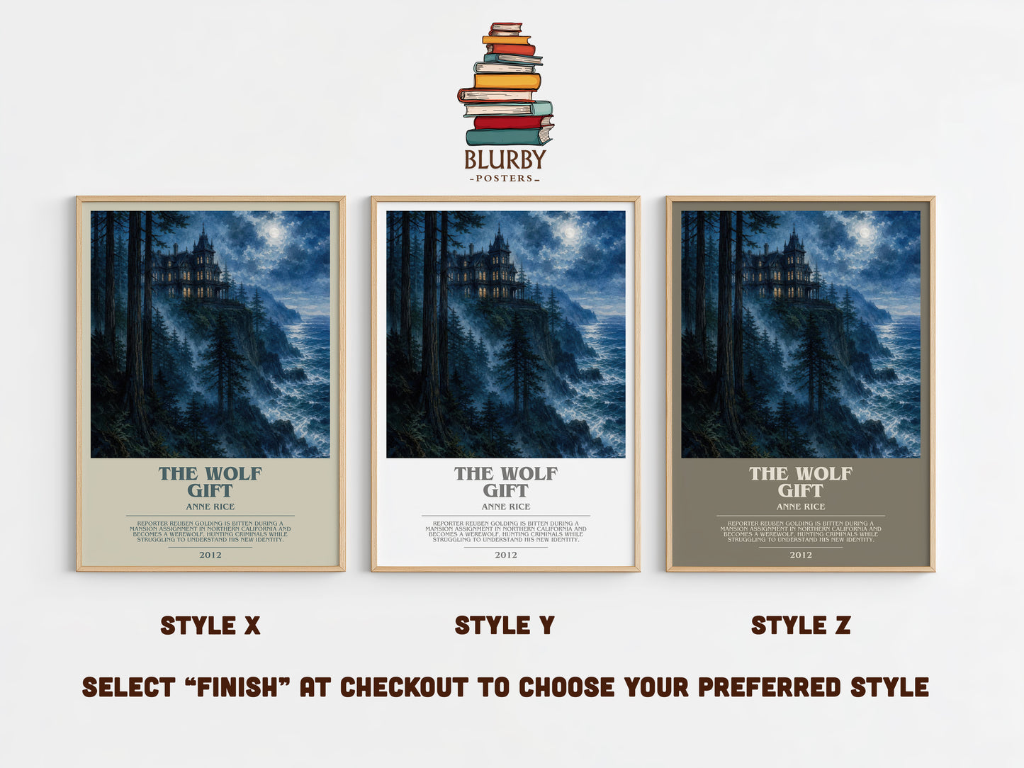 The Wolf Gift bookish print in frame leaning in hallway – horror wall art