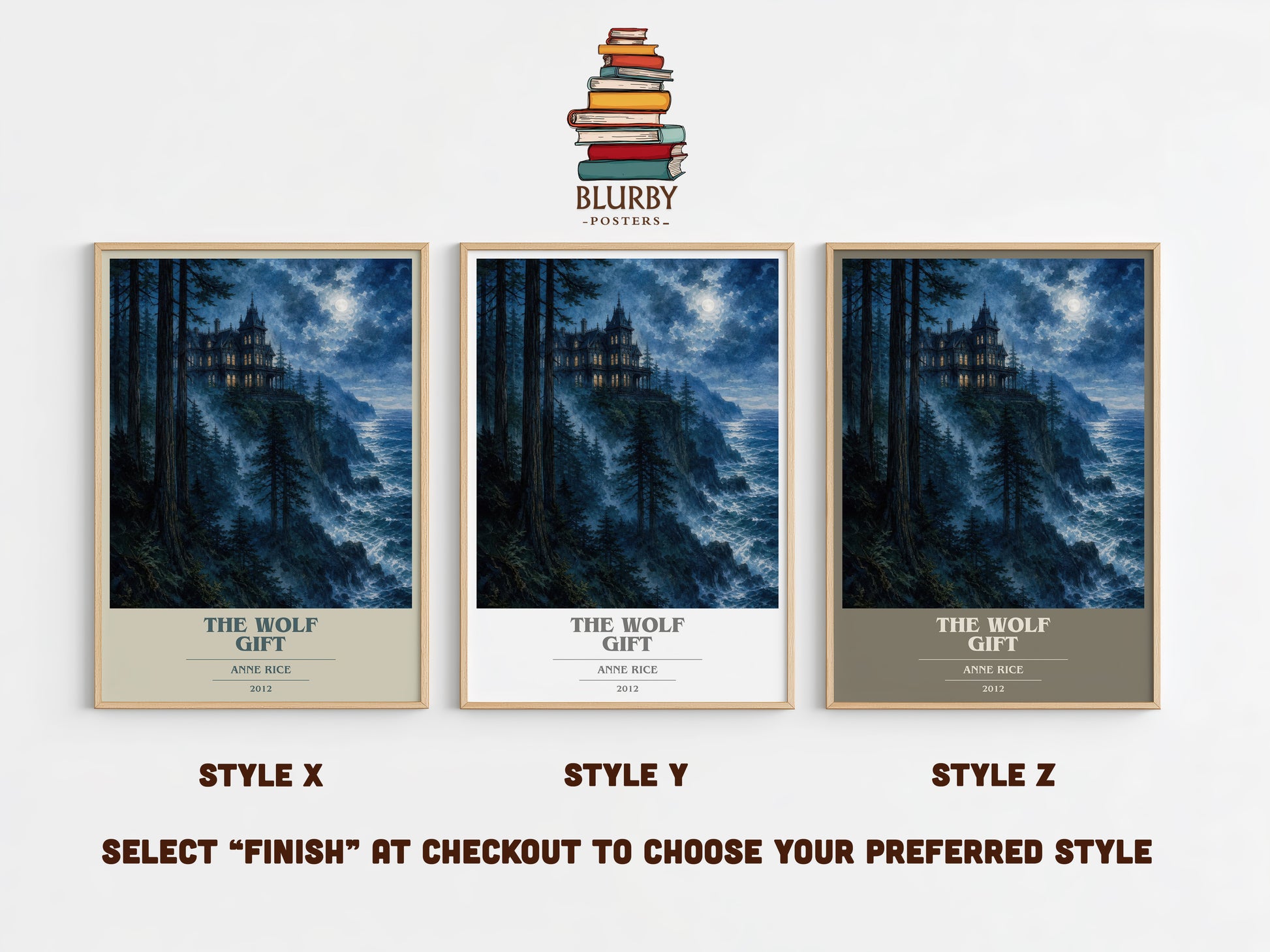 The Wolf Gift book cover print in frame leaning in hallway – horror wall art