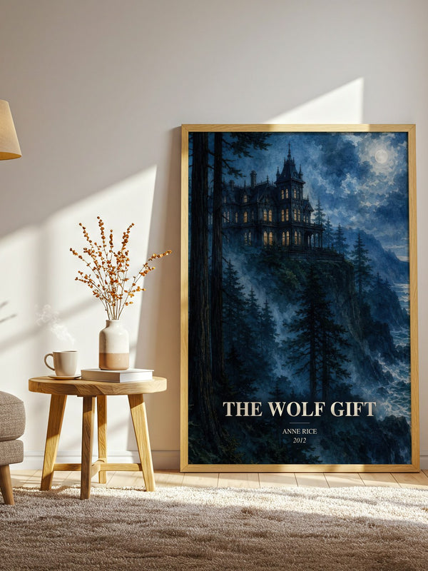 The Wolf Gift watercolour print in frame leaning in hallway – horror wall art