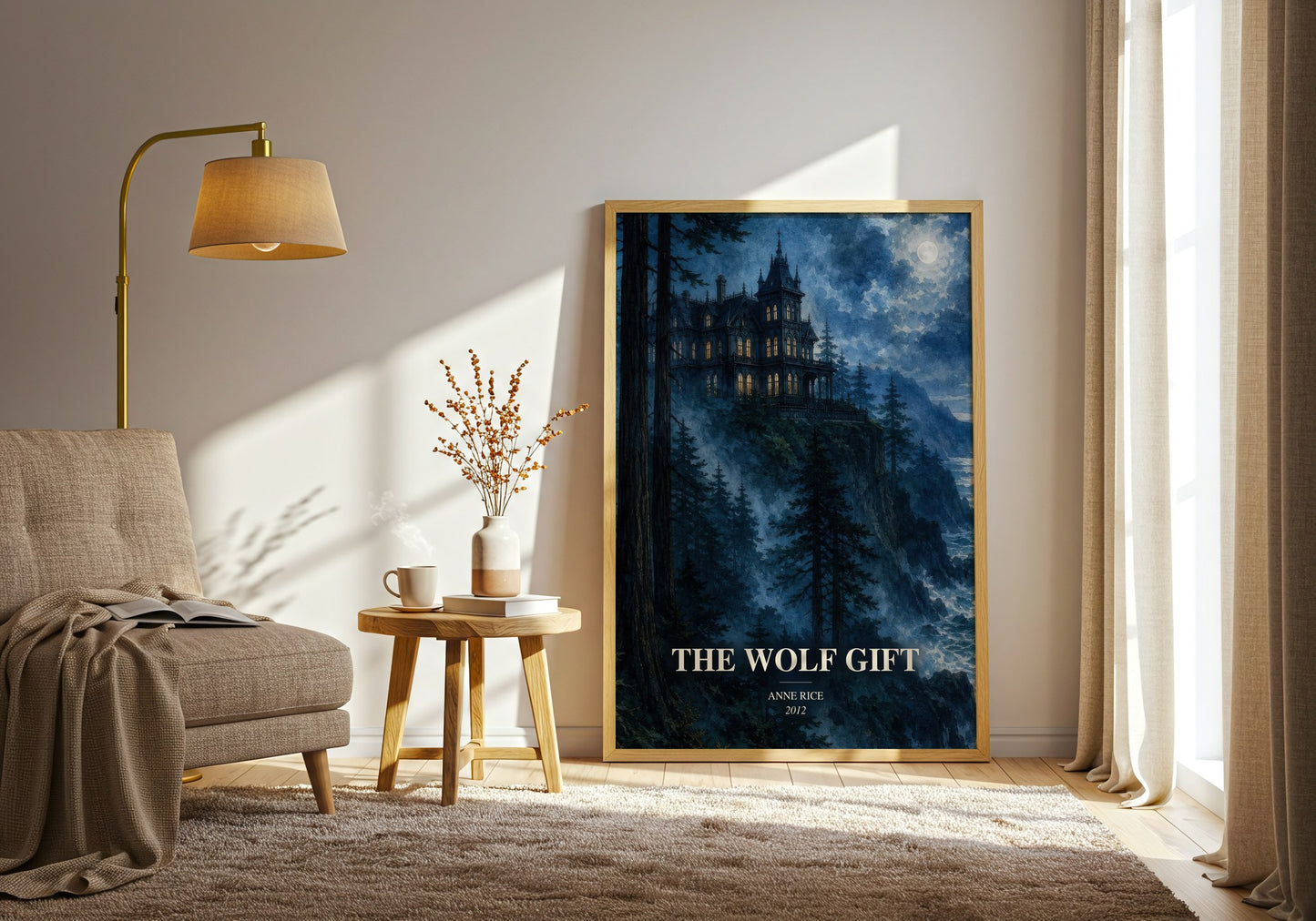The Wolf Gift watercolour print in frame leaning in hallway – horror wall art