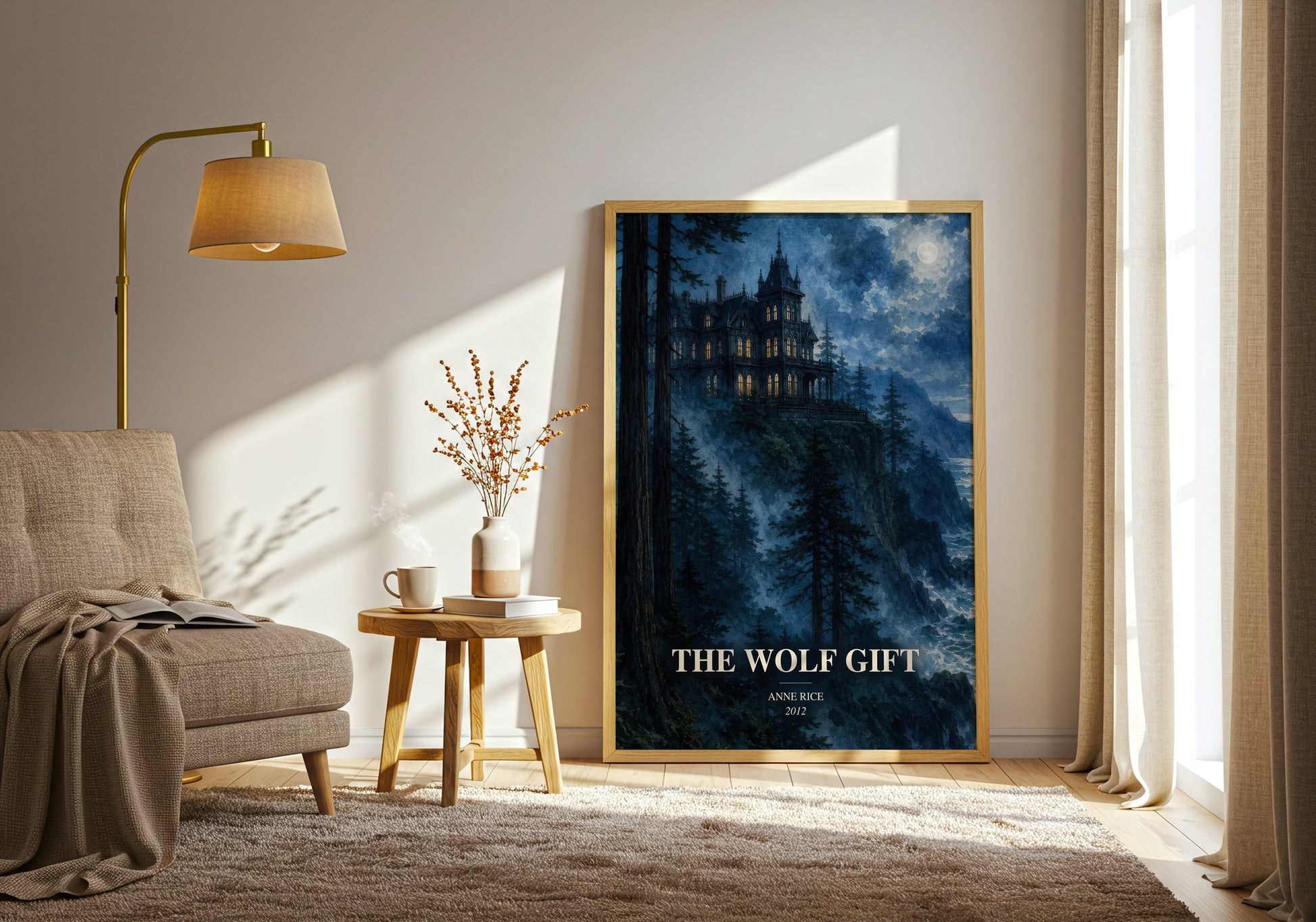 The Wolf Gift watercolour print in frame leaning in hallway – horror wall art