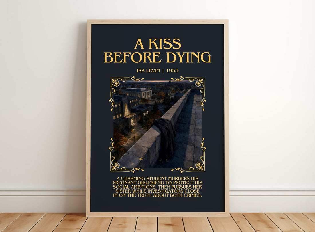 A Kiss Before Dying Minimalist Book Poster by Ira Levin – framed print leaning on a wooden floor
