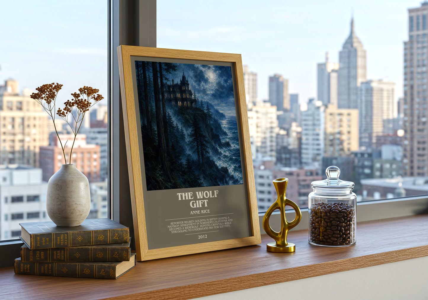 The Wolf Gift bookish print framed by window – literary home decor