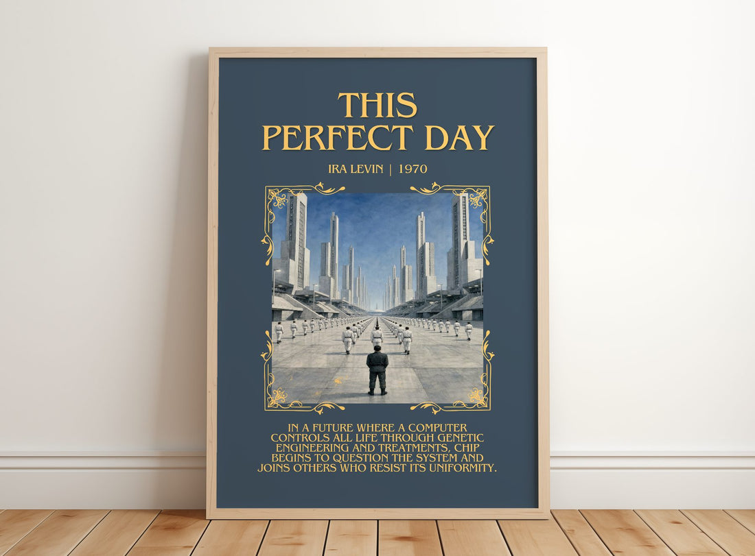 This Perfect Day Minimalist Book Poster by Ira Levin – framed print leaning on a wooden floor