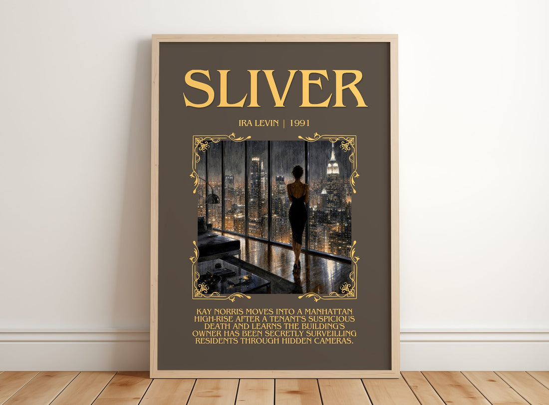 Sliver Minimalist Book Poster by Ira Levin – framed print leaning on a wooden floor