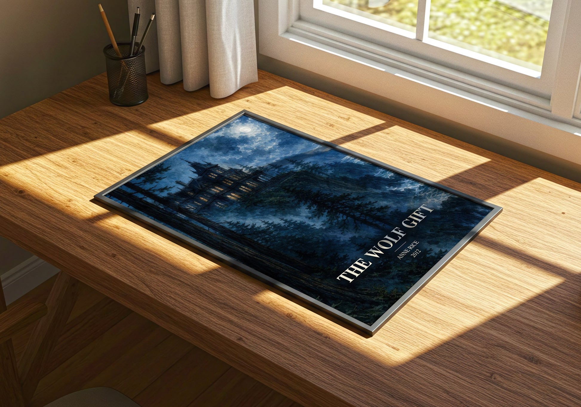 The Wolf Gift watercolour book poster framed on wall – horror wall art