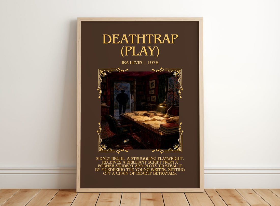 Deathtrap (Play) Minimalist Book Poster by Ira Levin – framed print leaning on a wooden floor