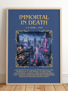 Immortal In Death Minimalist Book Poster by J. D. Robb – framed print leaning on a wooden floor
