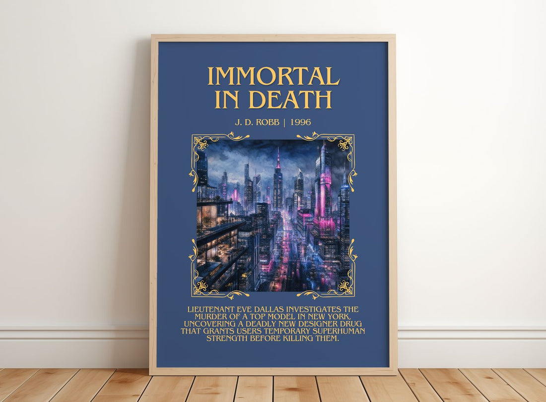 Immortal In Death Minimalist Book Poster by J. D. Robb – framed print leaning on a wooden floor