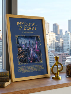 Immortal In Death Minimalist Book Poster by J. D. Robb – framed print on a city-view windowsill