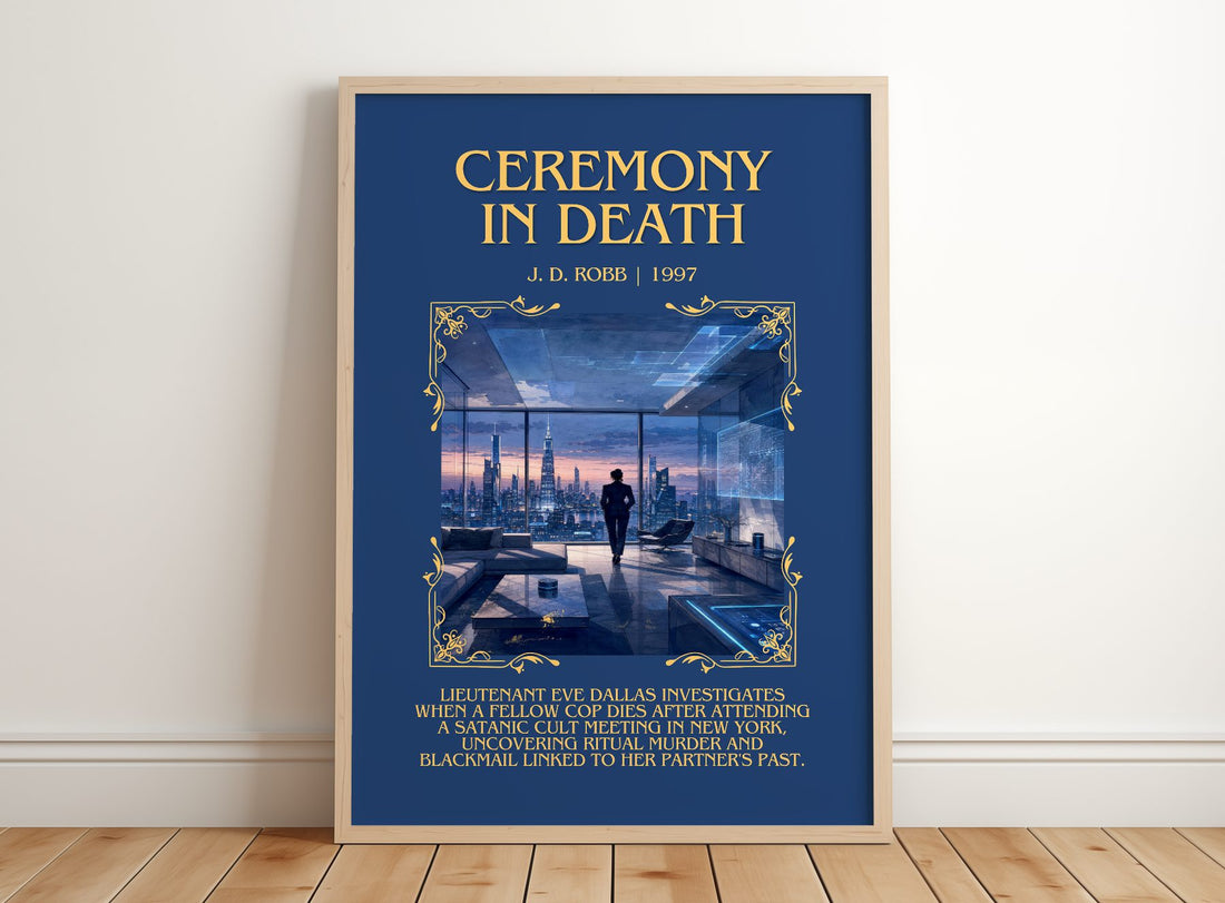 Ceremony In Death Minimalist Book Poster by J. D. Robb – framed print leaning on a wooden floor
