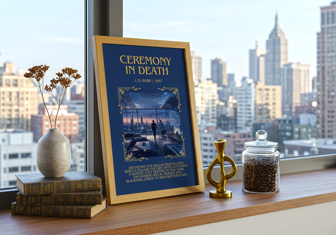 Ceremony In Death Minimalist Book Poster by J. D. Robb – framed print on a city-view windowsill