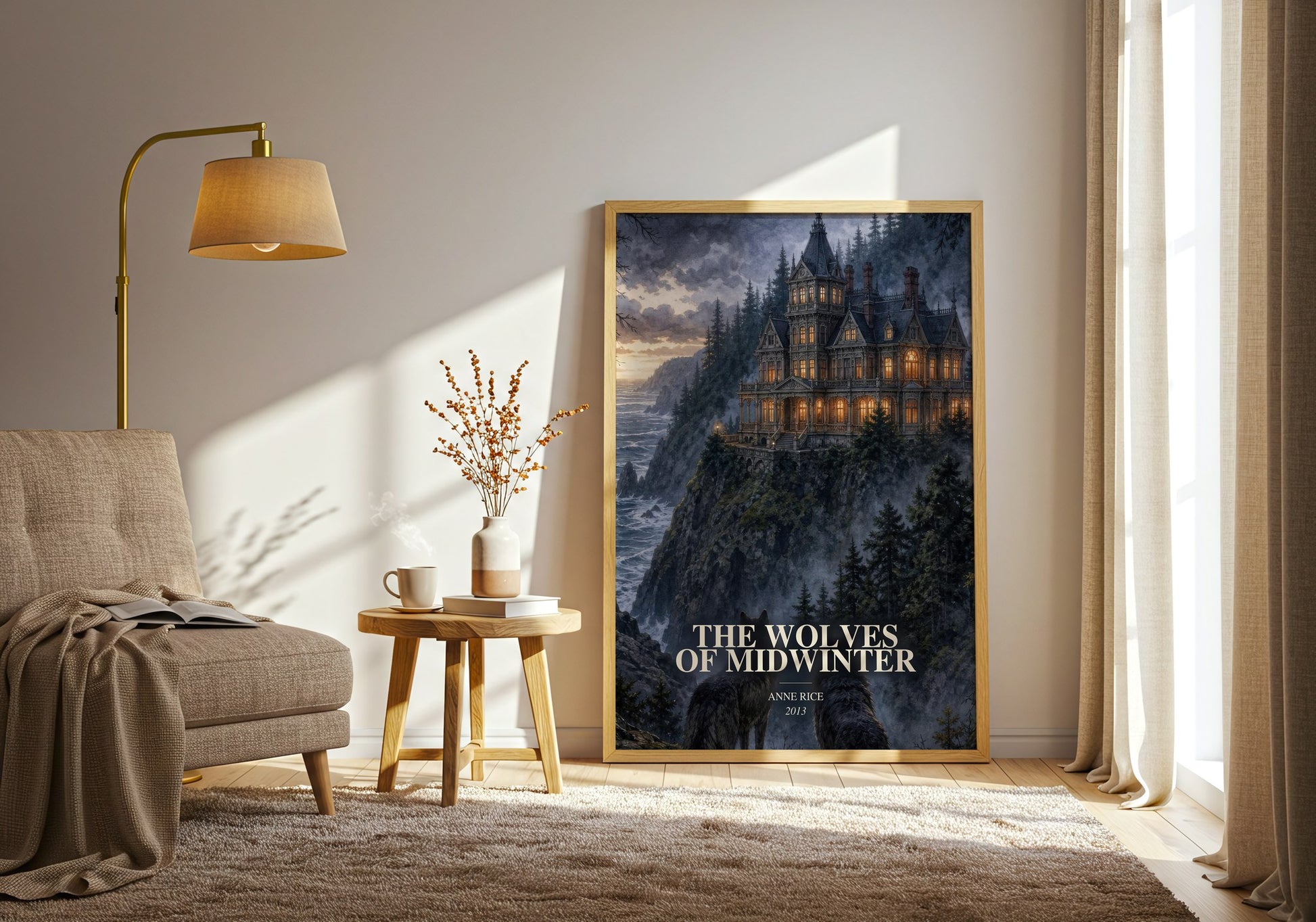 The Wolves Of Midwinter watercolour print in frame leaning in hallway – gothic wall art