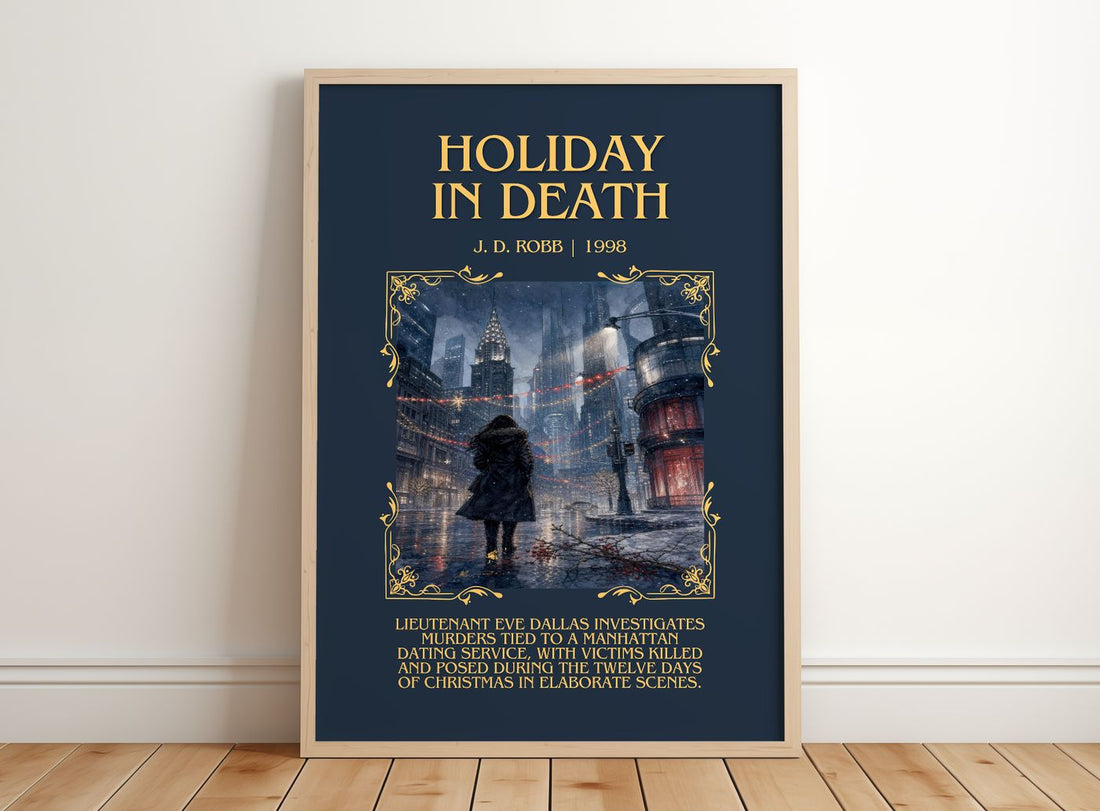 Holiday In Death Minimalist Book Poster by J. D. Robb – framed print leaning on a wooden floor