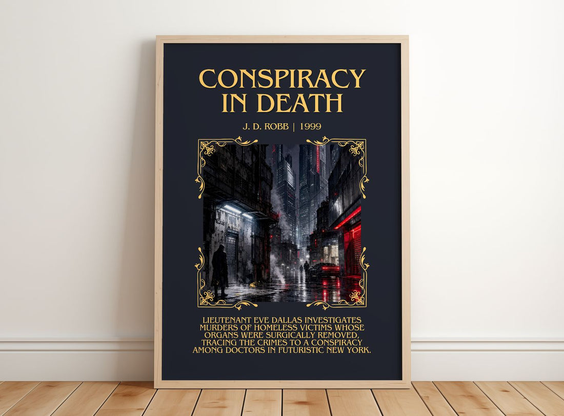 Conspiracy In Death Minimalist Book Poster by J. D. Robb – framed print leaning on a wooden floor