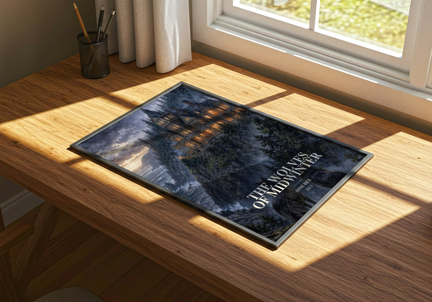 The Wolves Of Midwinter watercolour book poster framed on wall – gothic wall art