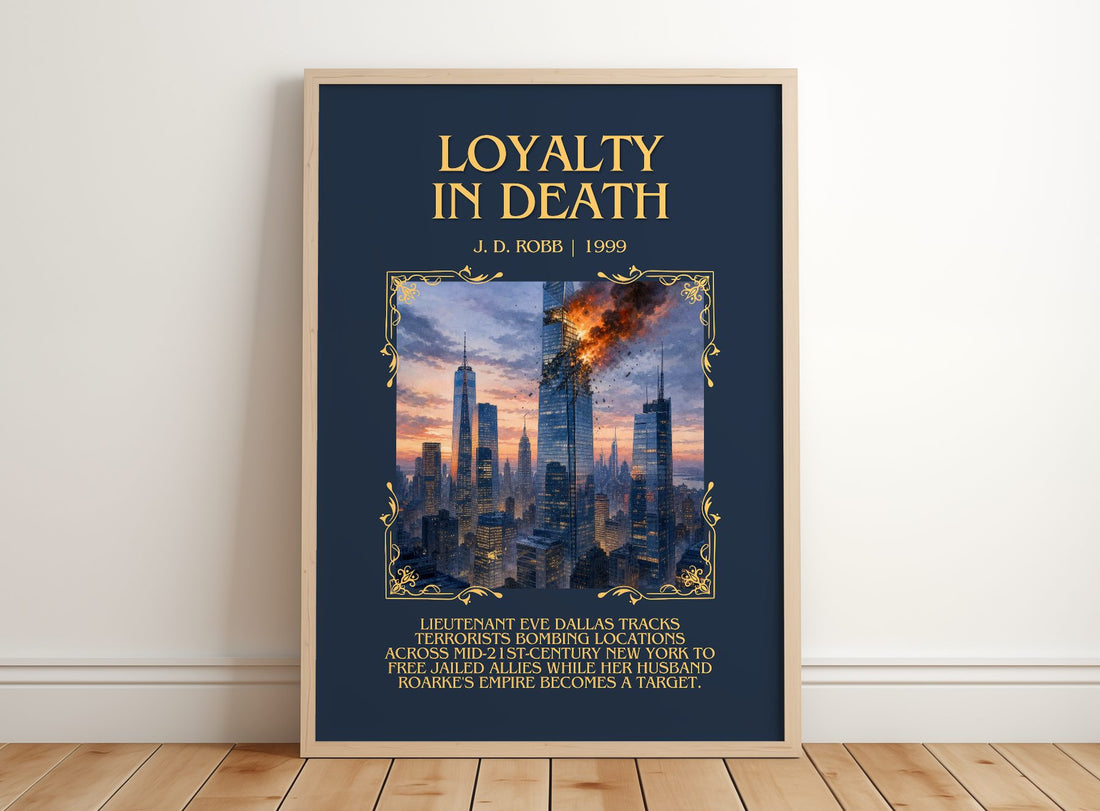 Loyalty In Death Minimalist Book Poster by J. D. Robb – framed print leaning on a wooden floor