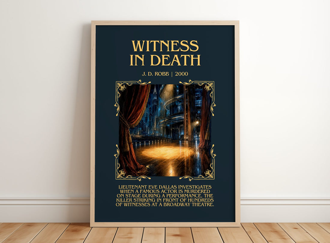 Witness In Death Minimalist Book Poster by J. D. Robb – framed print leaning on a wooden floor