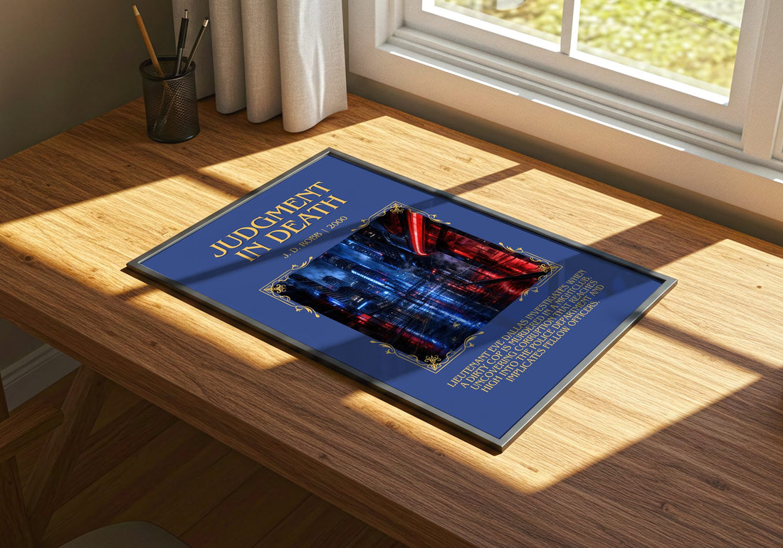 Judgment In Death Minimalist Book Poster by J. D. Robb – print on a sunlit desk